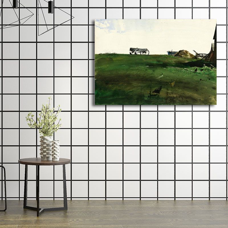 Rust Grassland Scenery Painting Dark Color Textured Wall Art Print for Living Room