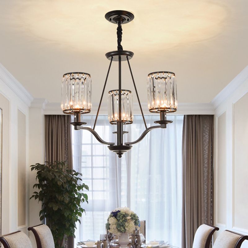 Cylinder Clear Ribbed Glass Chandelier Light Traditional 3/6 Lights Living Room Pendant Lighting in Black with Sputnik Design