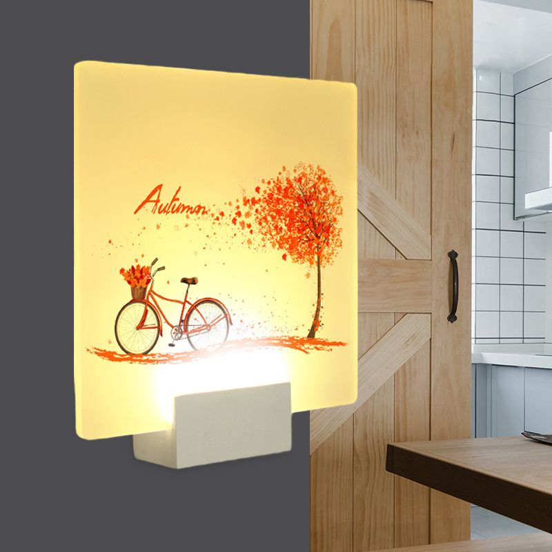 Square Autumn Tree and Bicycle Mural Lamp Chinese Acrylic LED White Wall Mounted Lighting