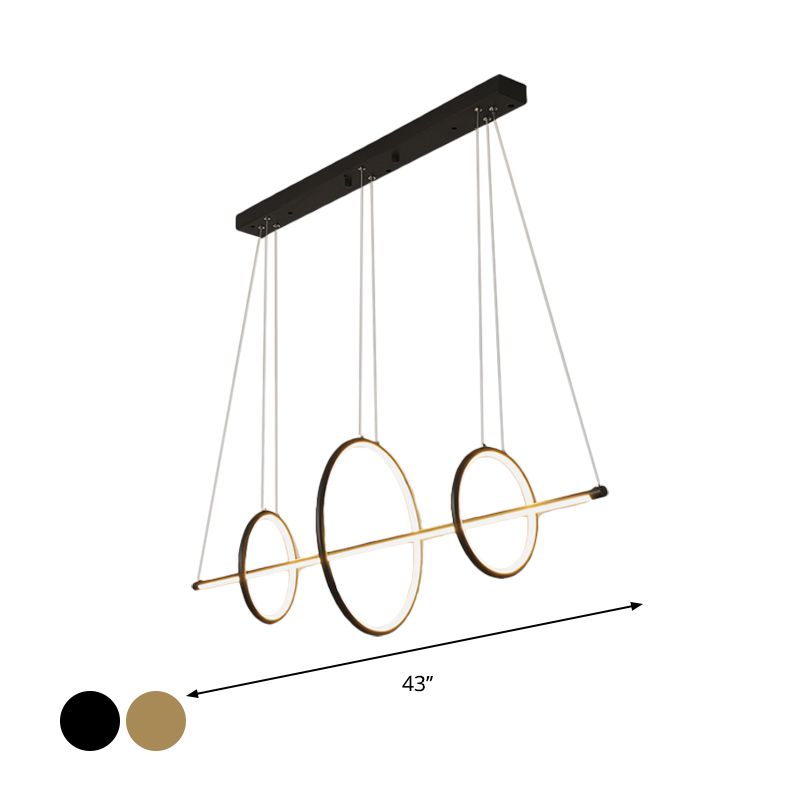 Luce di sospensione lineare acrilica modernista modernista nere/oro Isola a ciondolo a ciondolo con 3 anelli design