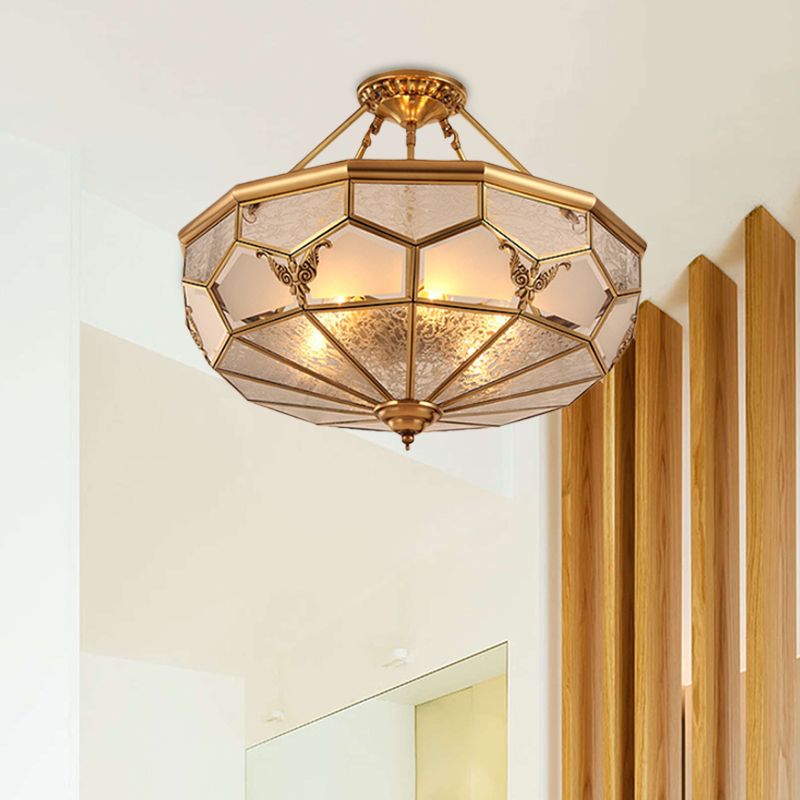 3/4-Light Frosted Glass Semi Flush Light Colonialist Brass Beveled Living Room Close to Ceiling Chandelier, 14"/18" W