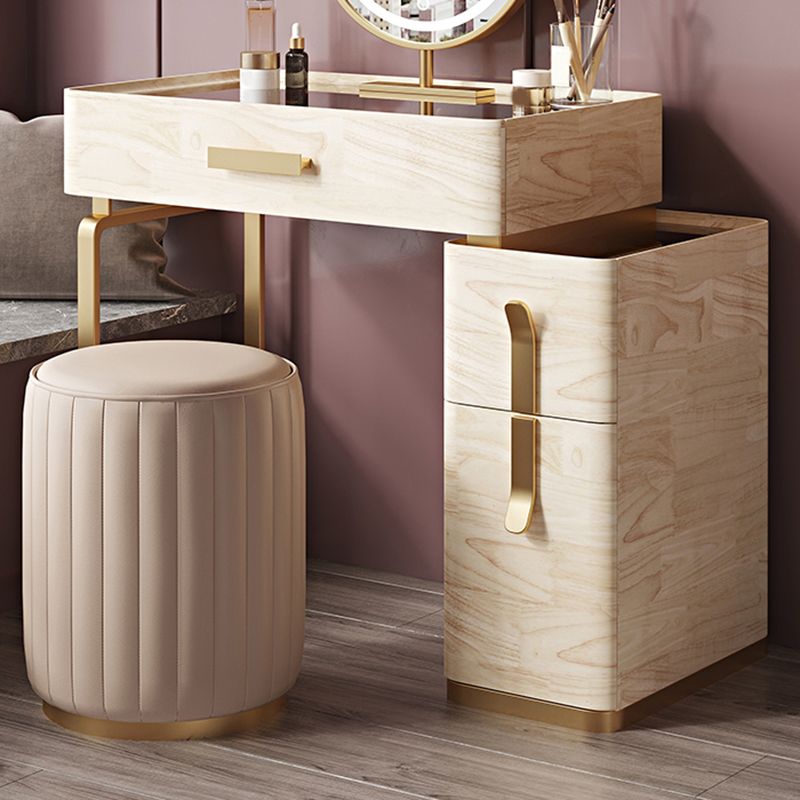 Solid Wood Glass Top Vanity Table Set with Stool & Mirror 25.59" W 3-Drawer Makeup Counter