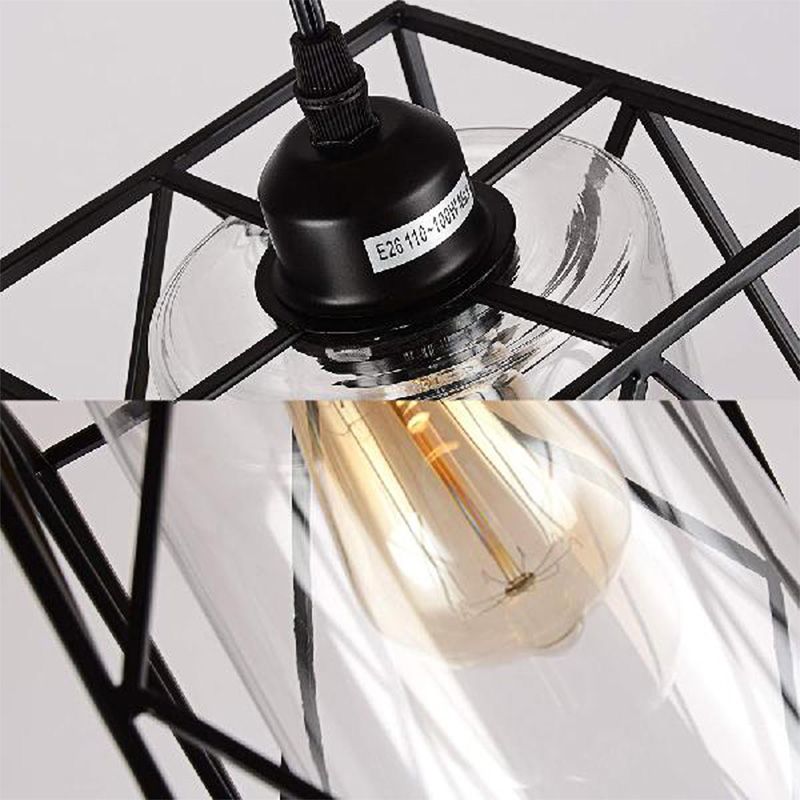 Black Cylinder Pendant Ceiling Light Farmhouse Clear Glass/Fabric 1 Light Living Room Hanging Lamp with Plug