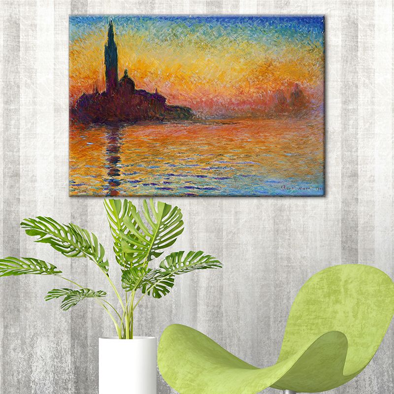 Textured Orange Wrapped Canvas Modern City by the River Sundown Scenery Wall Art