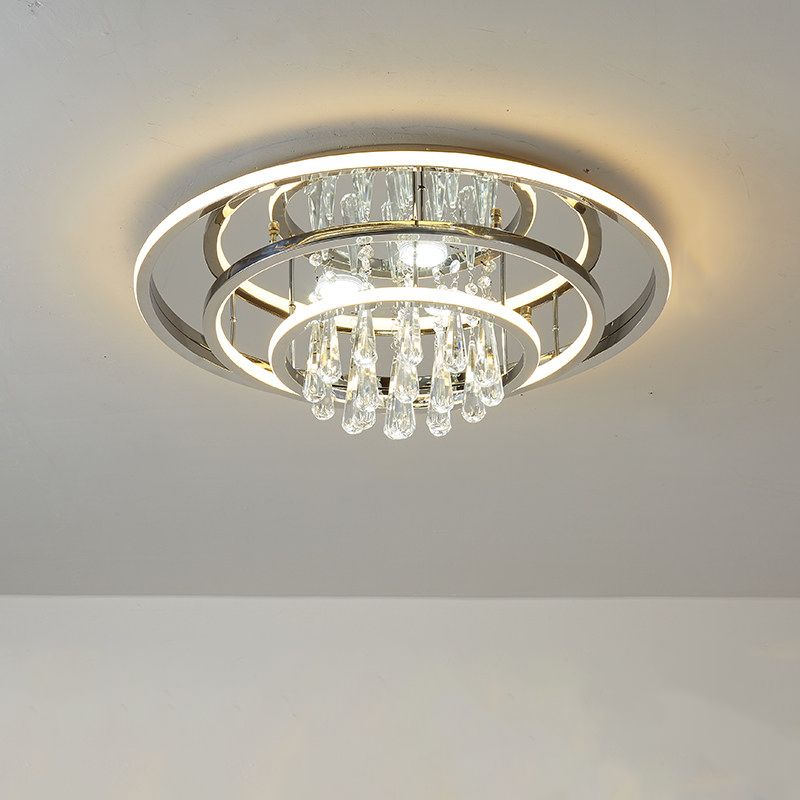 Modernismus Ringe Deckenmontage Leicht Metall Wohnzimmer LED SEMI Flush mit Kristallsträngen in Chrom