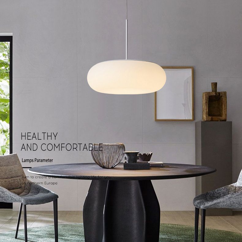 White 1 Light Drum Pendant Lamp Modern Minimalist Plastic Hanging Lamp for Dining Table