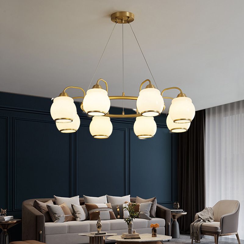 Modern Luxury Indoor Pendant Light Copper Geometric Chandelier with White Glass Shade