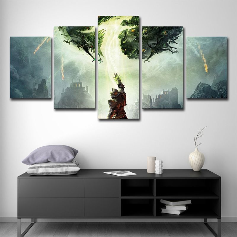 Fantasy Dragon Canvas Art Kids Style Multi-Piece Wall Decoration in Green for Home