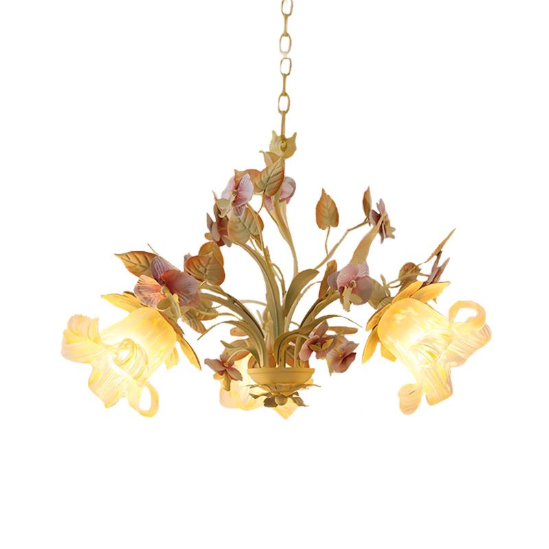 Starburst White Glass Chandelier Countryside 3/6-Bulb Bedroom Pendant with Flower and Leaf Decor
