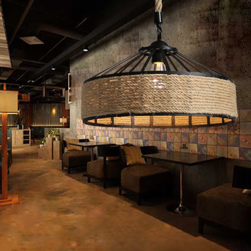 Touw linnen 1 licht hanger lamptrommel vintage loft plafond armatuur voor bar