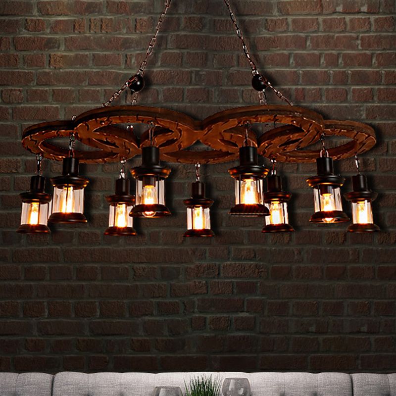 Lantern Clear Glass Light Chandelier Coastal Multi Light Living Room Pendant Lighting in Black with Wooden Shelf