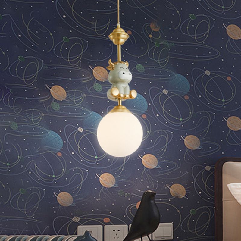 Gold Cow/Tiger Suspension Light Cartoon 1 Bulb Resin Ceiling Pendant with Global White Glass Shade