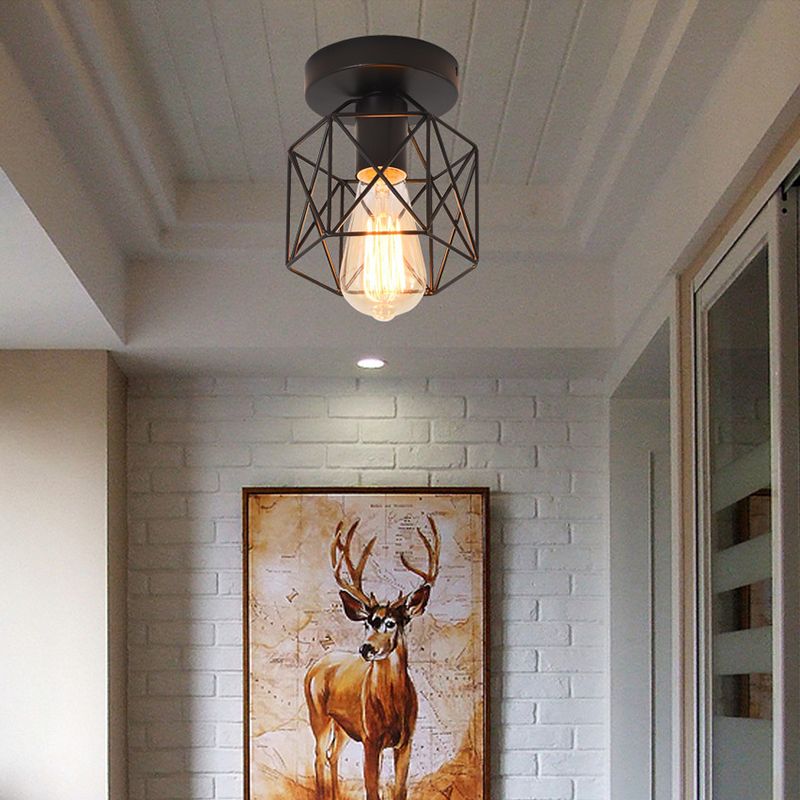 Hexagonal Balcony Ceiling Light Industrial Iron 1-Bulb Semi Flush Mount Light Fixture