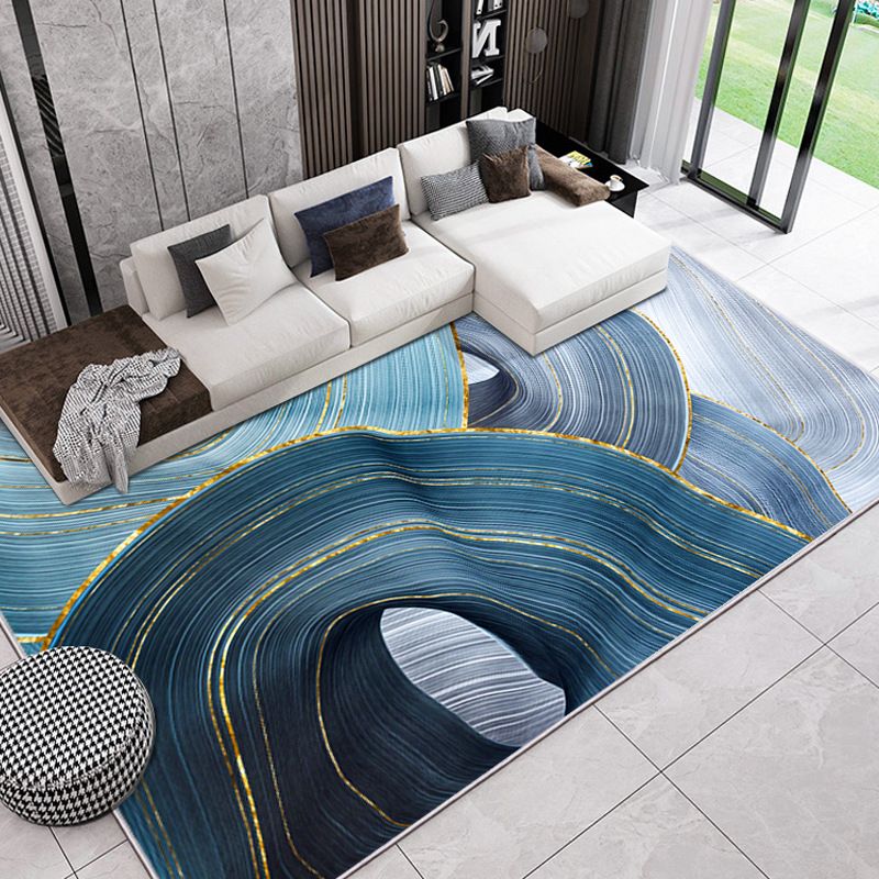 Blue Living Room Carpet Geometric Pattern Polyester Area Rug Non-Slip Backing Rug