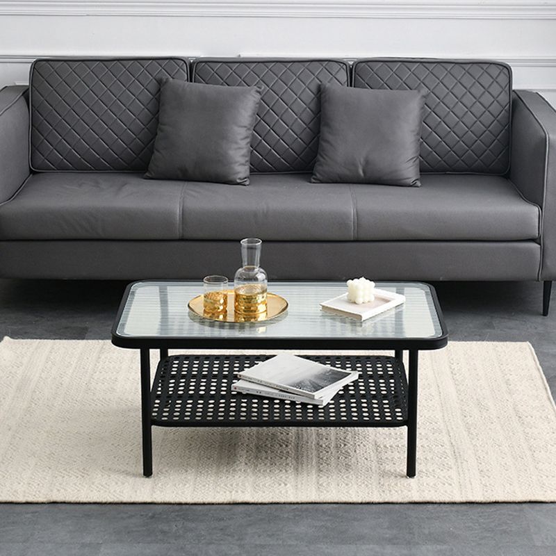 Glass Modern Rectangular Coffee Table with Shelf 4 Legs Cocktail Table