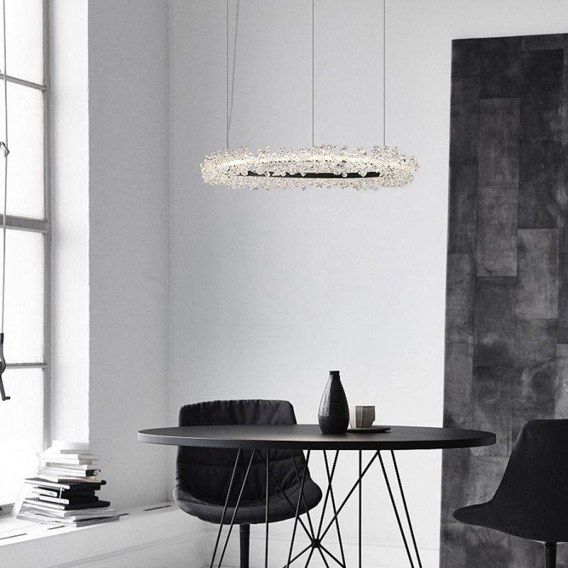 1/2/3-licht Black Ring Pendant Kroonluchter Modern Crystal Accent LED Hanglamp Lichtlijn in wit/warm licht voor woonkamer