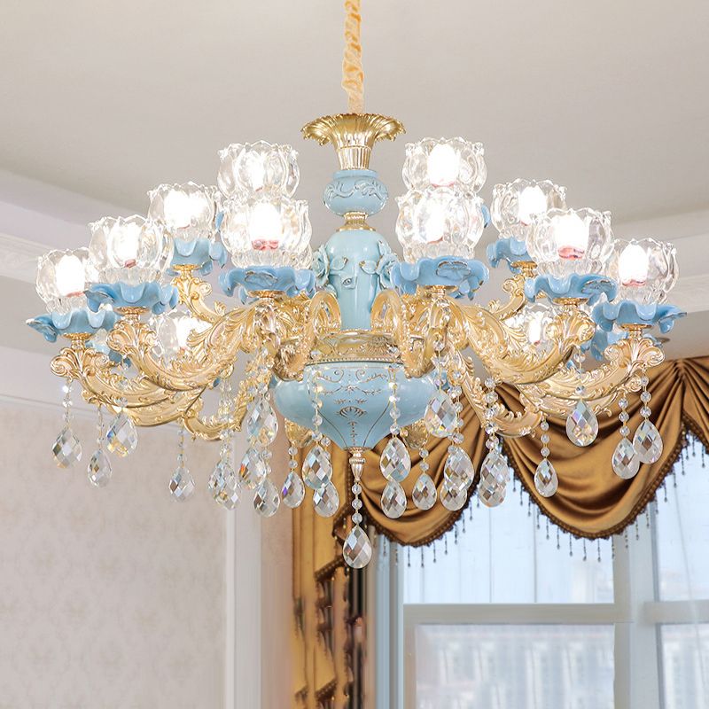 Flower Ribbed Glass Chandelier Lighting Classic Living Room Pendant Light with Crystal Draping in Blue