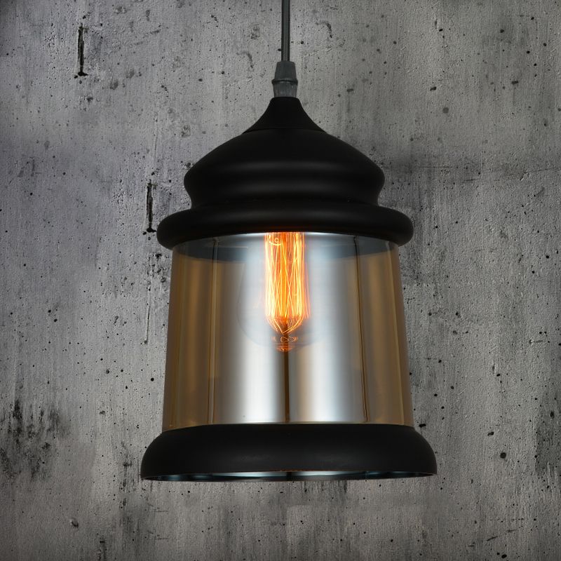8"/8.5" Wide Cylinder Pendant Lighting Industrial 1 Light Amber Glass Hanging Lamp in Black