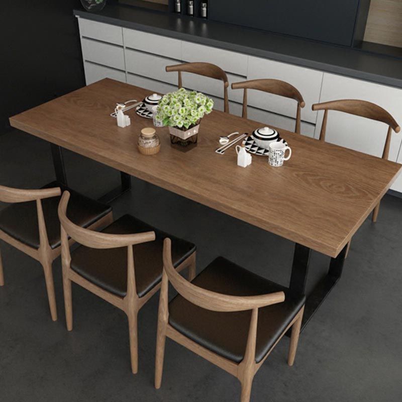 Rectangular Solid Wood Restaurant Dining Table Modern Brown Furniture with Double Pedestal