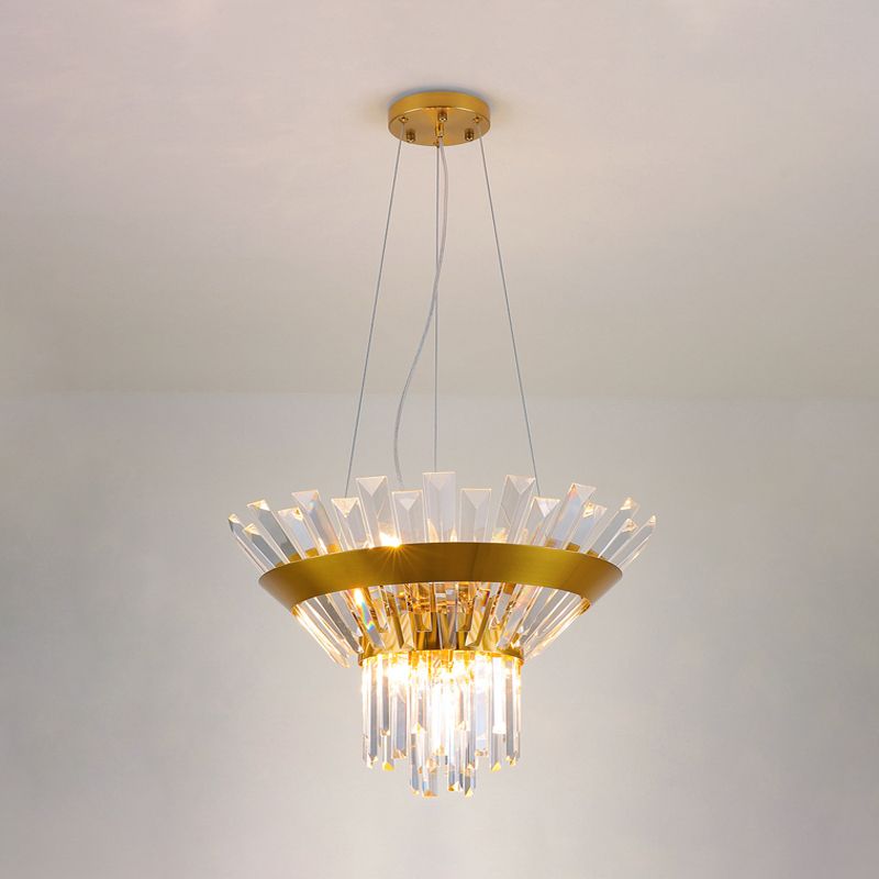 9-Bulb Rectangular-Cut Crystal Chandelier Postmodern Gold Cone Dining Table Suspension Light