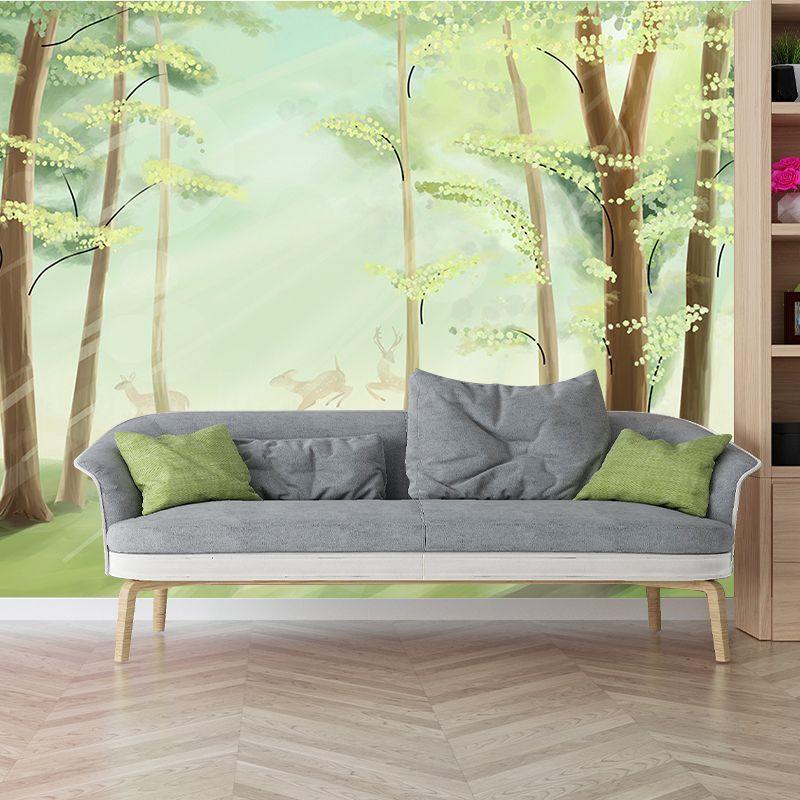 Non-Woven Waterproof Mural Nordic Flock of Deer in Misty Forest Pattern Wall Decor, Green