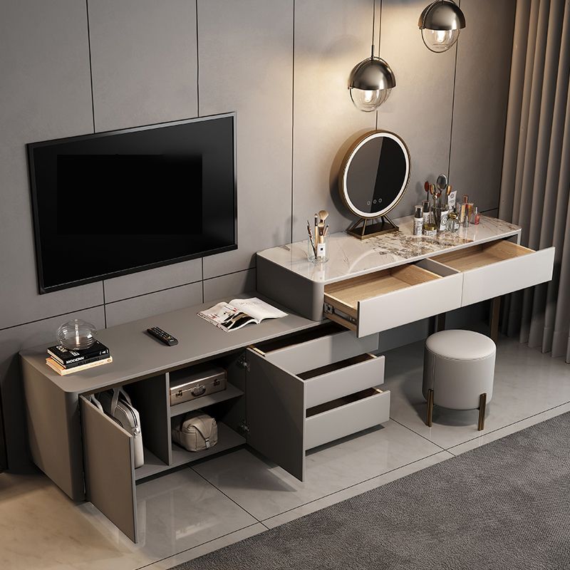 Glam Slate Mirrored Makeup Vanity Set in Gray with 5 Drawers