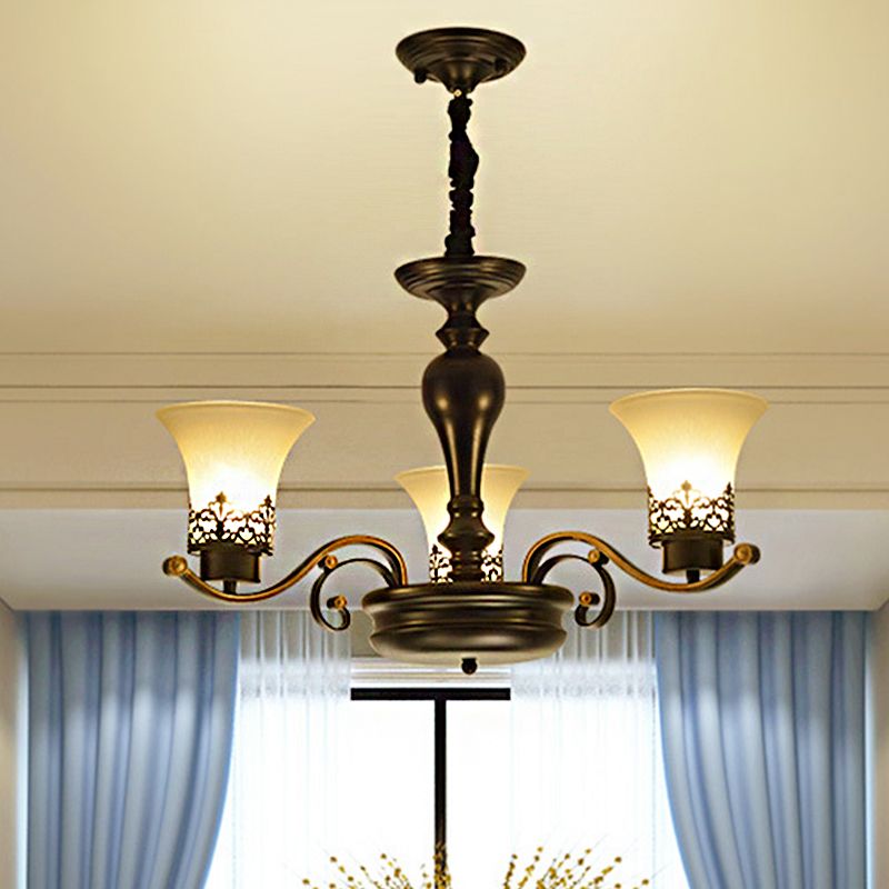 Bell Grosted Glass Chandelier Light traditionnel 3/6/8 Light Living Room Pendant Lighting en noir