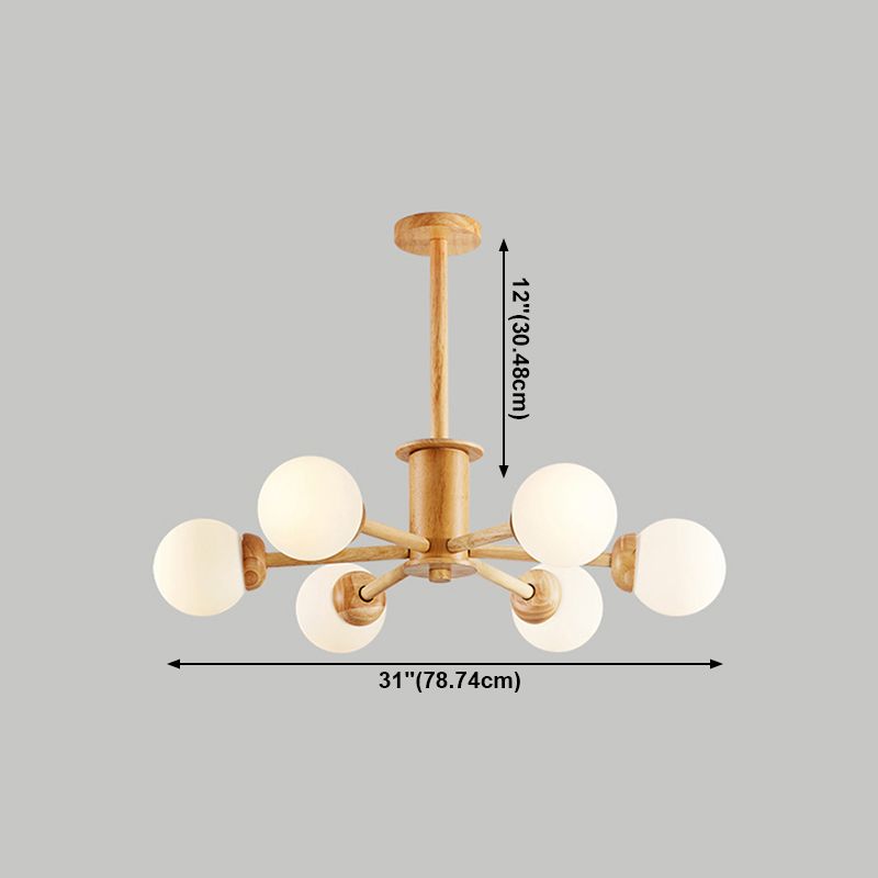 Modern Wood Chandelier Light Fixtures Multi-Head Hanging Pendant Lights with Globe Glass Shade