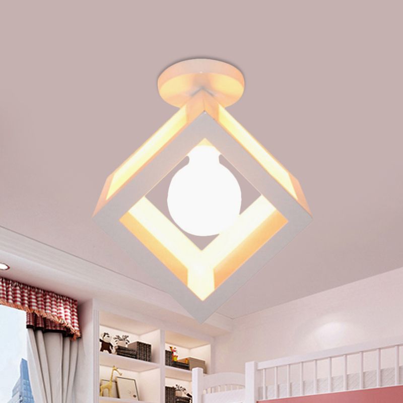 1 Light Squared Ceiling Mounted Light with Wire Guard Loft Style Black/Gray Metallic Semi-Flush Lighting for Bedroom