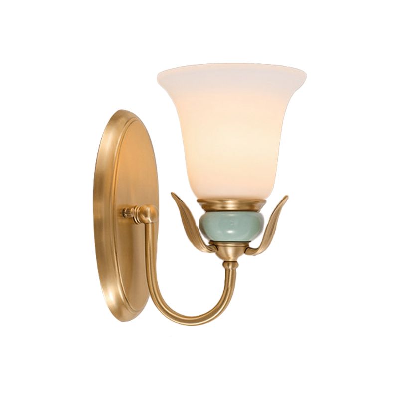1/2-Head Wall Lighting Vintage Bedroom Wall Mounted Lamp Fixture with Bell White Frosted Glass Shade in Gold