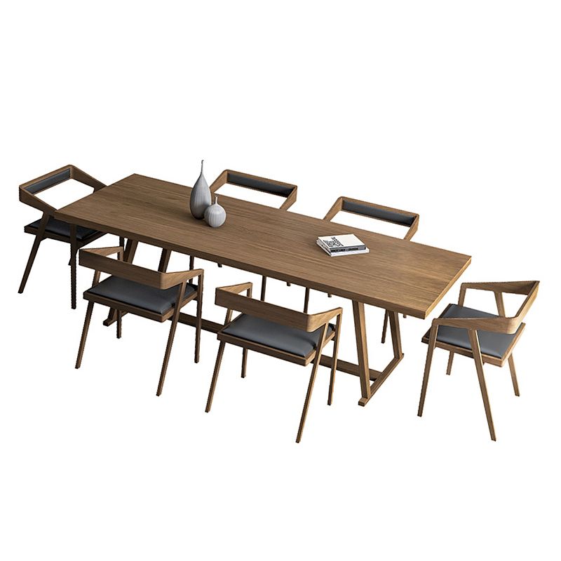 Rectangle Trestle Base Modern Dining Table Wood Color Fixed Table with Solid Wood