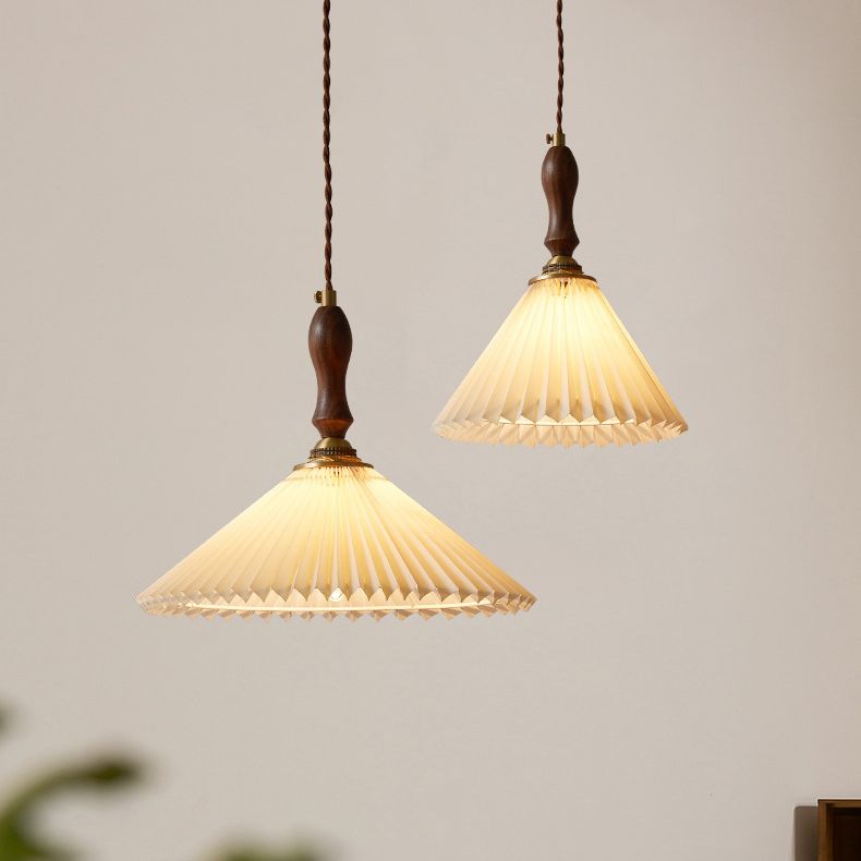 Pleated Fabric Conical Pendant Lamp Minimalist 1-Light Beige Hanging Light for Dining Room