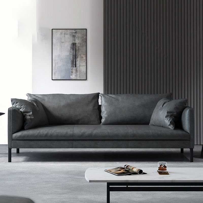 Gray/Green Leather Stationary Sofa 3-seat Tuxedo Arm Sofa with Pillows