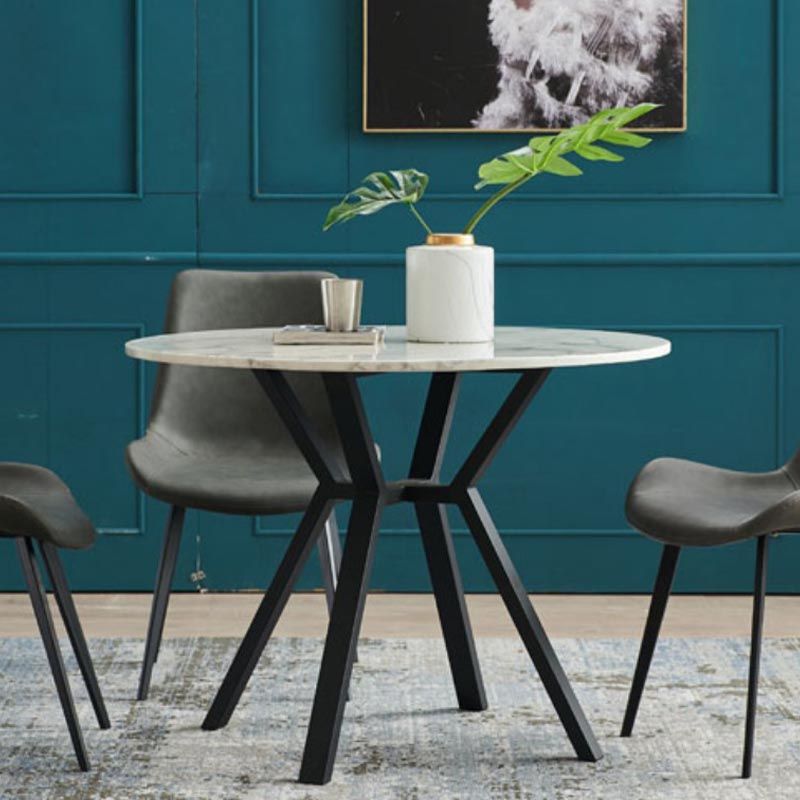 White Stone Top Table Modern Round Black Steel Base Dining Table