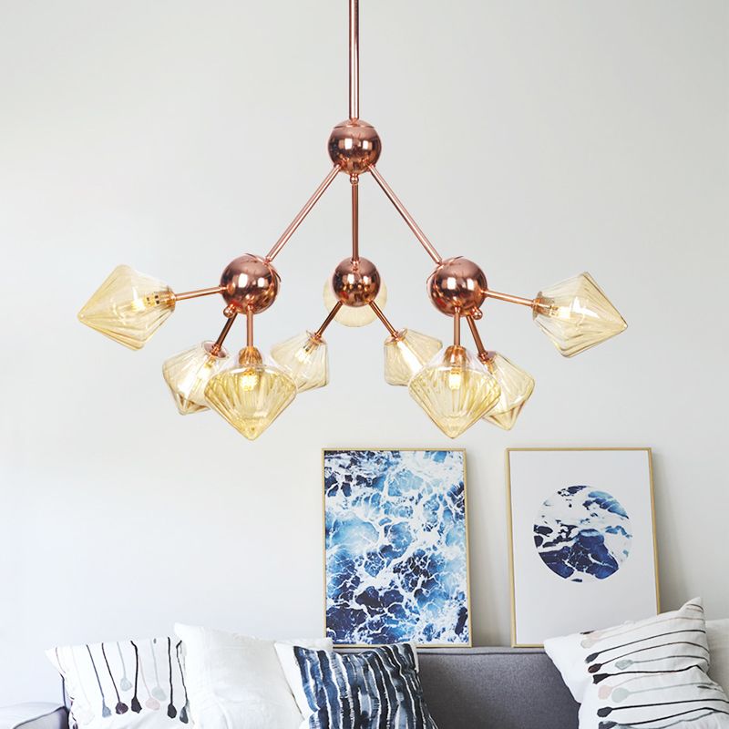 Amber Glass Diamond Hanging Chandelier Modernism 9 Bulbs Rose Gold Pendant Light Fixture