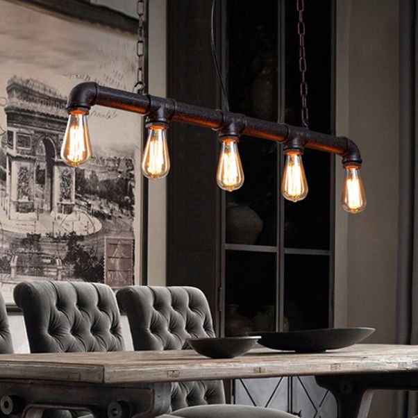 Linear Shape Pendant Light Modern Style Metal 5 Lights Hanging Lamp in Black/Rust