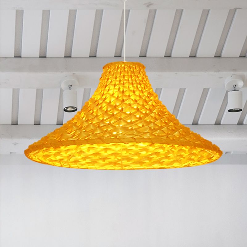 Rattan Wide Flared Drop Pendant Light Asian 1-Head Light Yellow Suspension Lamp for Living Room