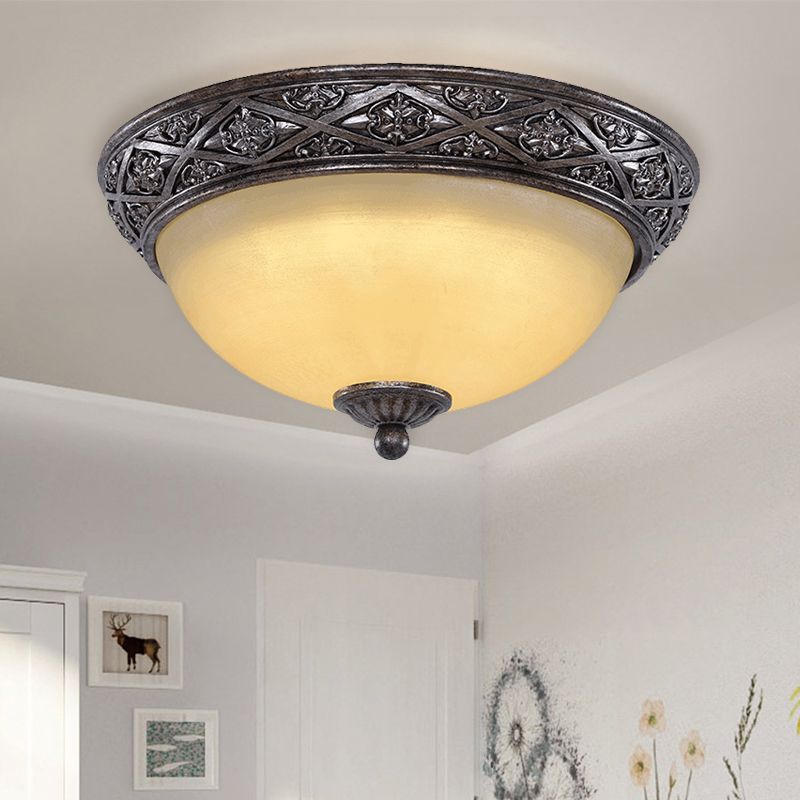 2 Bulbs Close to Ceiling Light Traditional Carved Floral Patterned Dome Frosted Glass Flush Mount in Black