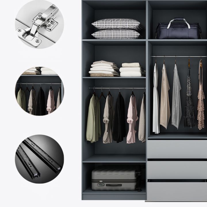 Grey Wooden Wardrobe Armoire Hinged Storage Cabinet with Soft Close Drawer