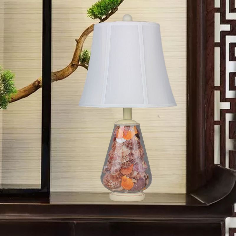 White Flared Shade Night Light Countryside Fabric 1 Bulb 12"/16" Wide Bedside Table Lamp with Decorative Shell