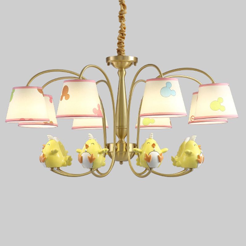 Patterned Fabric Tapered Chandelier Lighting Cartoon Gold Pendant Light with Resin Animal