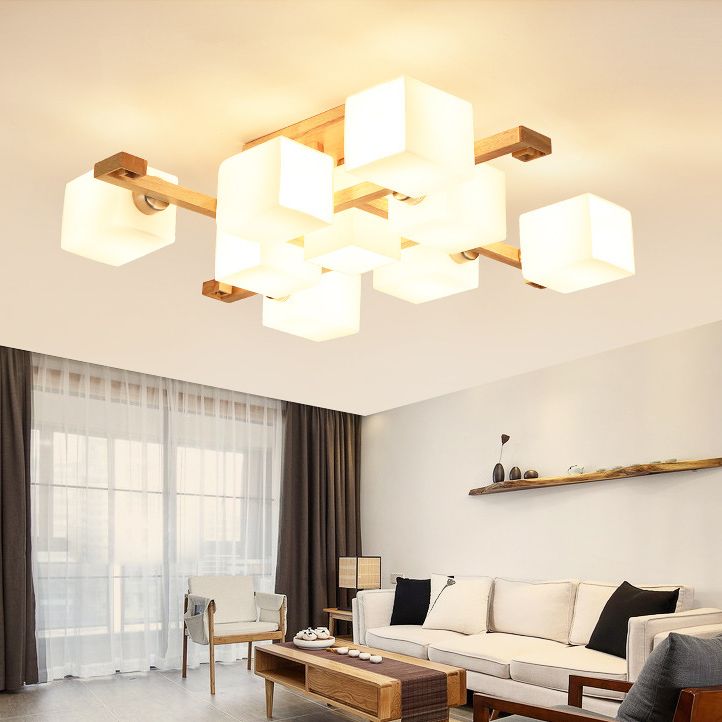 Modernes Naturholz halb Flush Mount Leuchte Rechteckglas Schatten Halbflush für Wohnzimmer