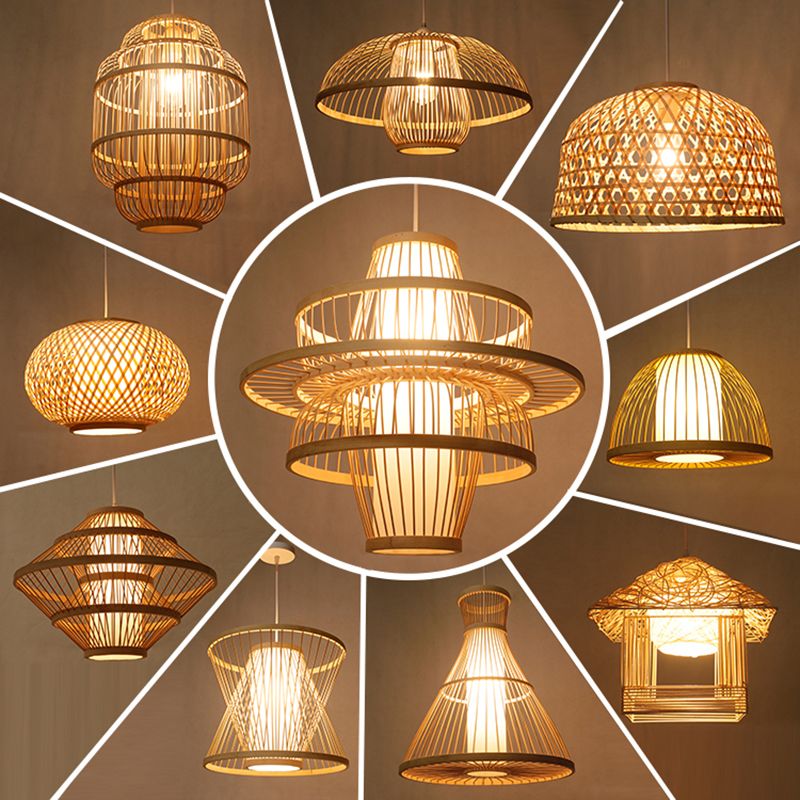 Wood Handmade Suspension Lighting Simplicity 1-Light Bamboo Pendant Light for Restaurant