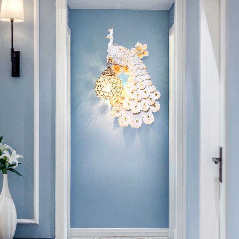 Blue/White Peacock Wall Mounted Light 1 Light Loft Style Resin 1/2-Pack Wall Lamp with Dome Crystal Shade, Double/Right/Left