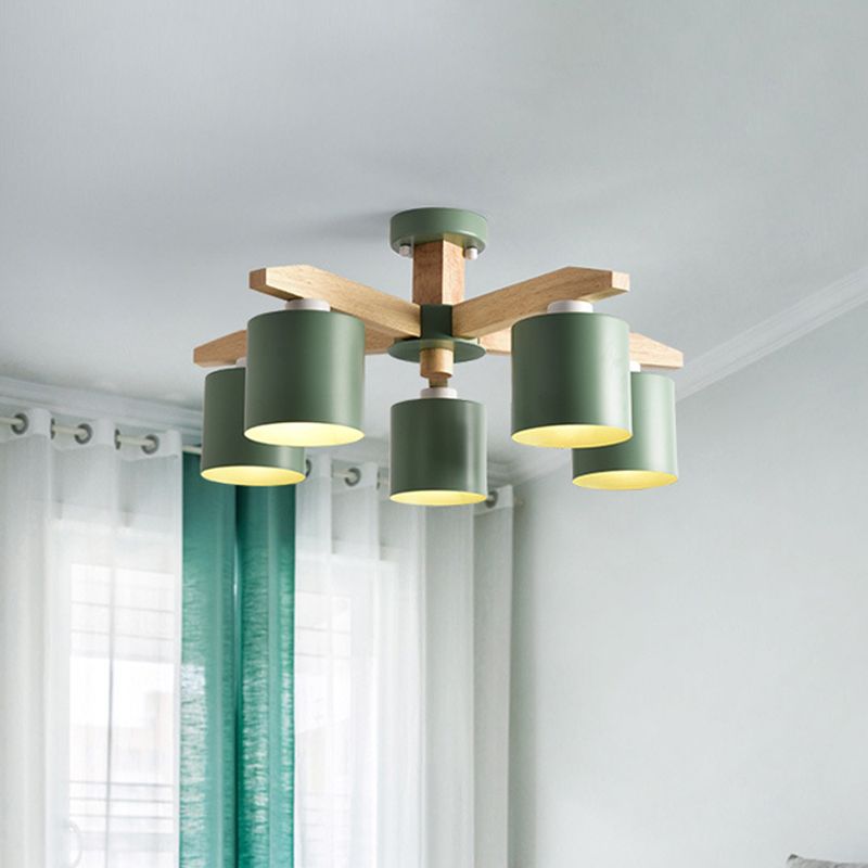 Cylindrical Metal Ceiling Chandelier Nordic 6-Head White/Green/Grey Suspension Lighting with Wood Arm