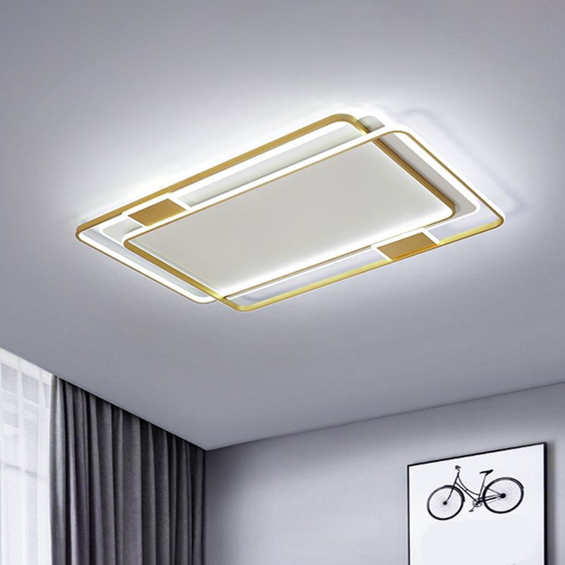 Double Square/Rectangle Parlor Ceiling Lamp Metal Minimalist LED Flush Mount Light in Gold, Warm/White Light