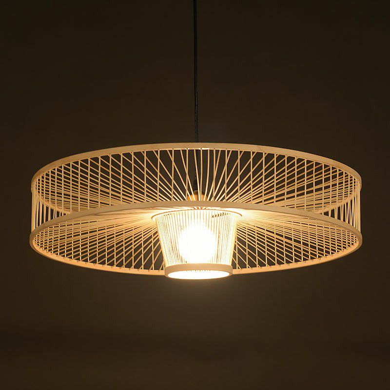 Round Pendulum Light Minimalist Bamboo Single-Bulb Bedroom Ceiling Pendant in Wood