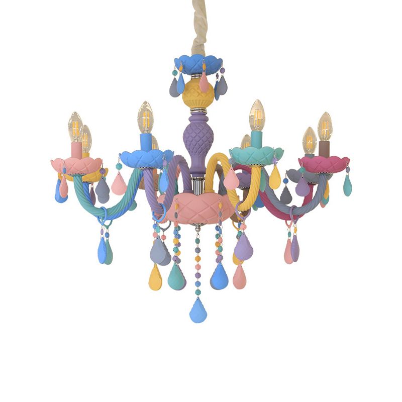 Girl Bedroom Candle Pendant Light Multi-Color Glass Macaron Chandelier