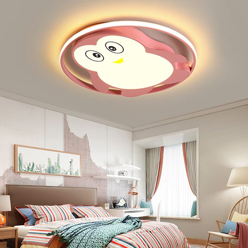 Penguin Bedroom Flushmount Ceiling Fixture Acrylic LED Cartoon Stylish Flush Mount Fixture in Blue/Pink