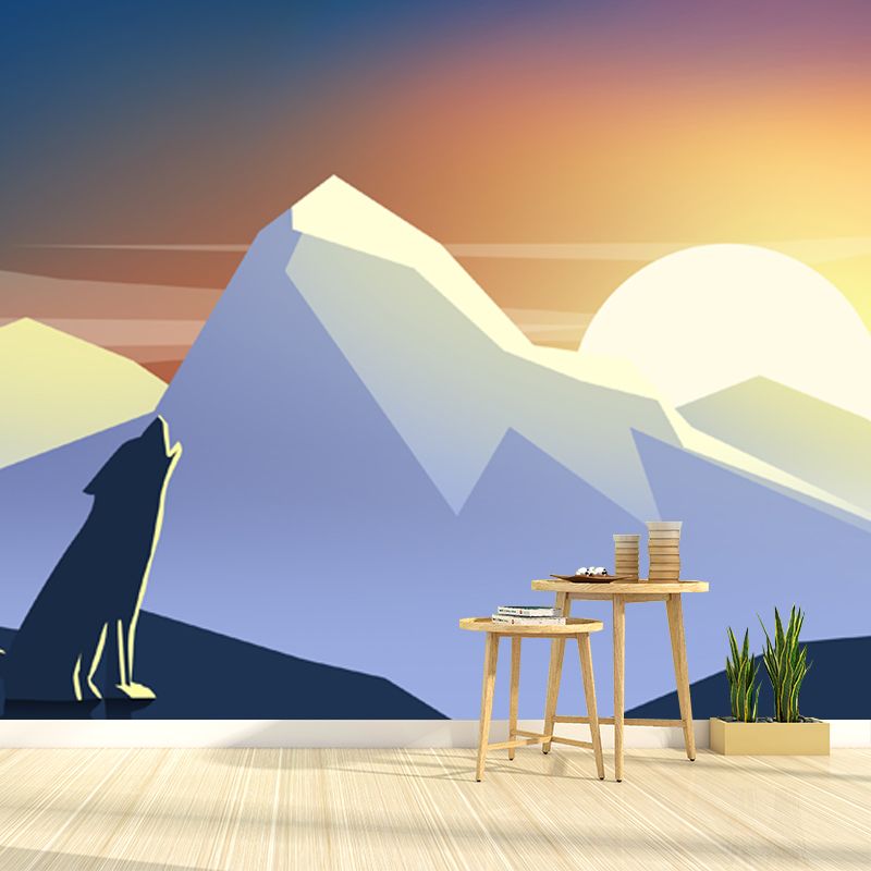 Yellow-White Modern Mural Decal Large Wolf Howl at Sunset Print Wall Covering for Home